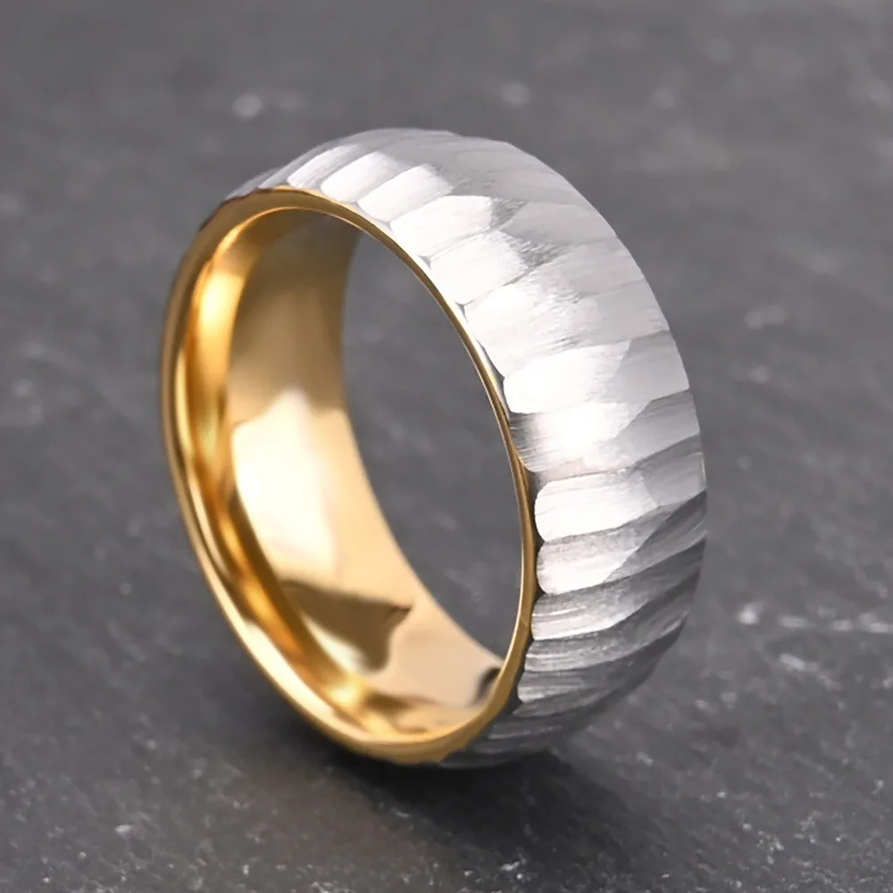 Somen 8mm Two Tone Hammered Tungsten Carbide Ring For Men Silver Brushed Faceted Wedding Band Engagement Promise Jewelry Comfort view 4