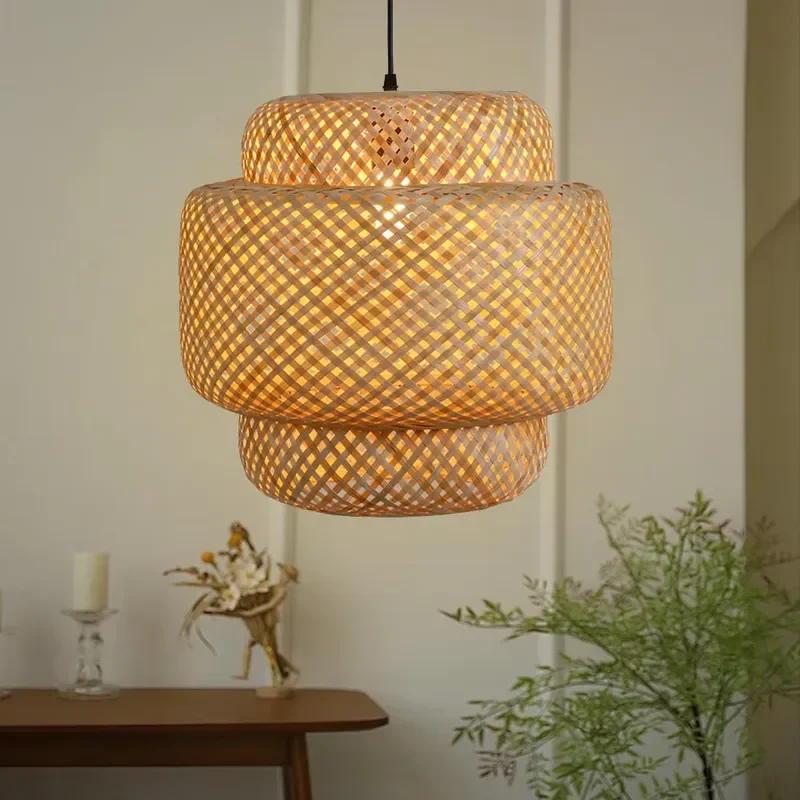 for HN Hand Woven Natural Bamboo Chandelier 2 Layer Wicker Light for Bohemian Home Restaurant Hotel Decor