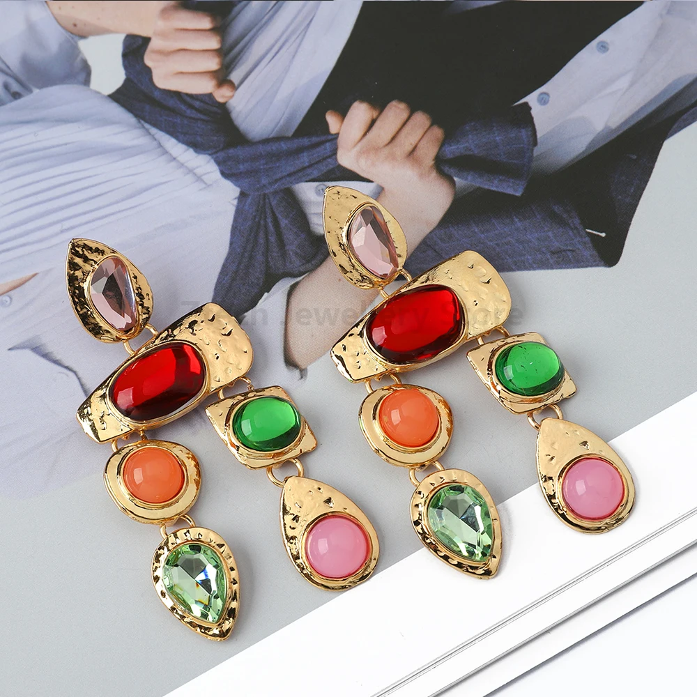 Bohemian Luxury Vintage Colorful Clear Resin Decor Drop Earrings For Women Elegant Long Hanging Metal Big Pendant Charm Jewelry