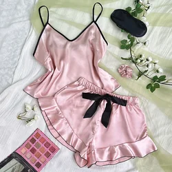 3PCS Women Pajama Suit Top Women Sexy Lingerie Ruffles Pajamas Fashion V-Neck Stretch Satin Babydoll Sleep Shorts Set Sleepwear