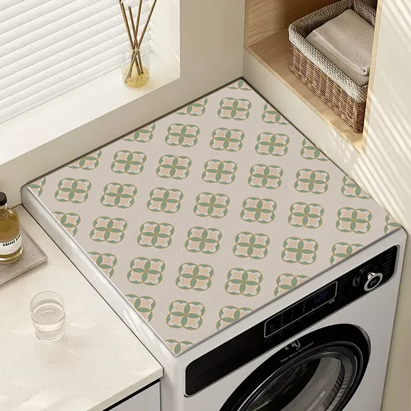 VIKAMA Black Four Leaf Flower Washing Machine Top Mat Vintage Line Print Waterproof Anti Dust Dryer Surface Pad Dust Cover