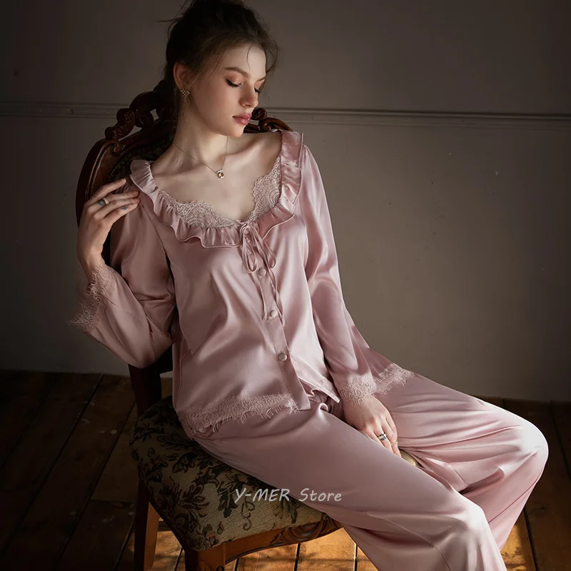 

Court Style Pajamas Suit Sexy Lace Trim Shirt&pants 2Pcs Loungewear Princess Style Home Clothes Rayon Nightwear Femme Sleepwear