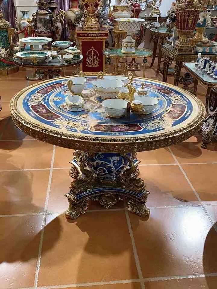 French Castle Replica Living Room Furniture Heavy Industry Carving Hand-painted Ceramics Copper Red Round Dining Table Blue