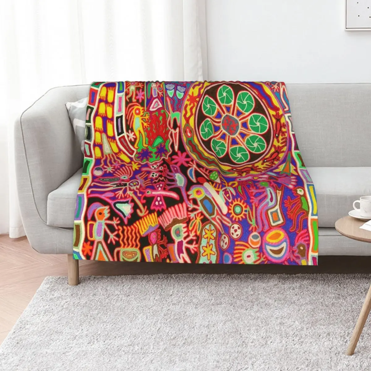 Mexican Colorful Huichol | Mexican Blanket Design | Large Cozy King Size | Vintage Folk Art - Throw Blanket Flannels Blankets