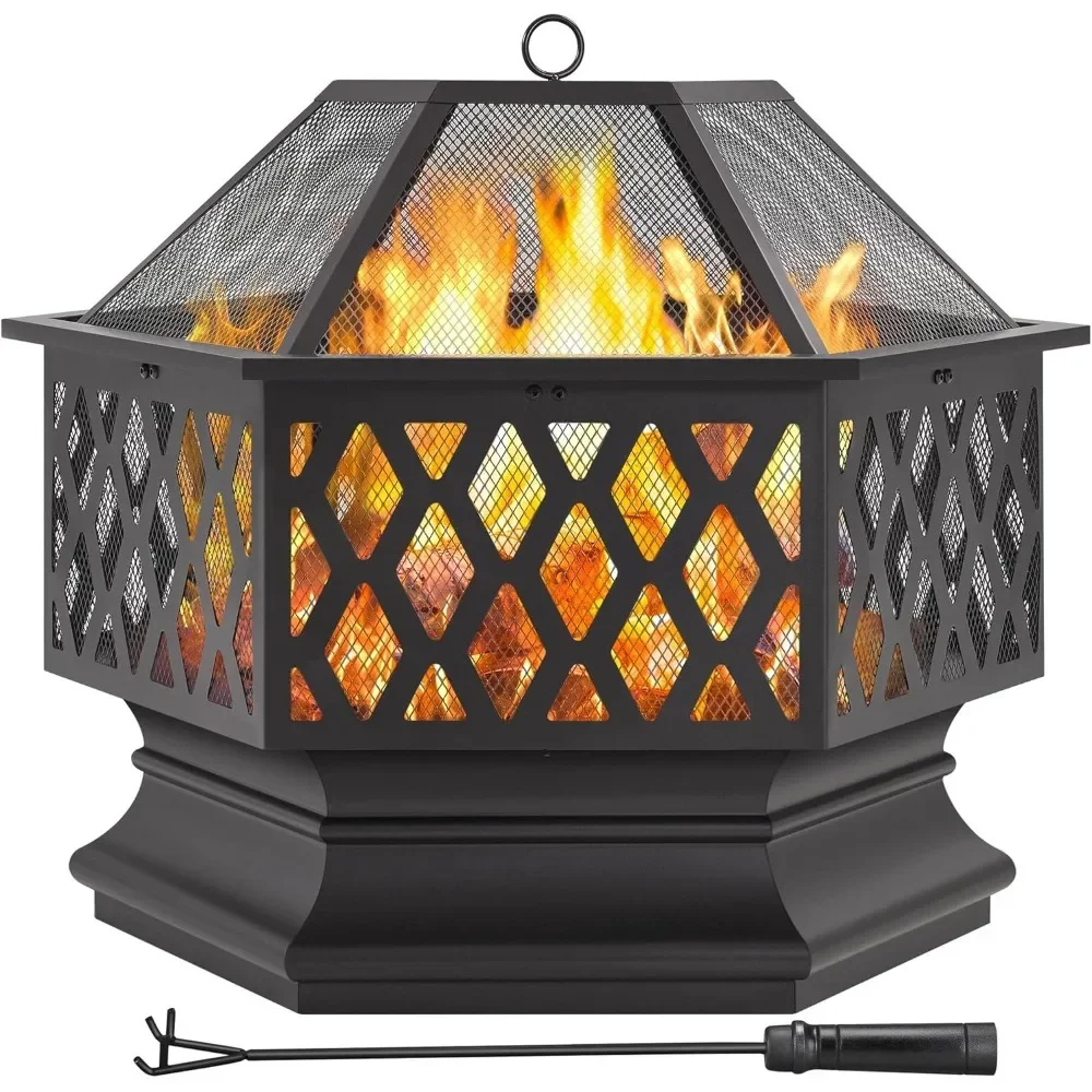 

28in Fire Pit Fires Pits for Outside Hex Shaped Firepit Bowl Outdoor Fires Pit Large Wood Burning Fire Pit with Spark Screen