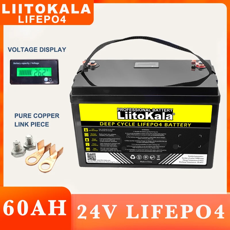 

liitokala 24V/29.2V 60ah LiFePO4 Battery Lithium Iron Phosphate for boat inverter Car lighter Cycles Touring Batteries duty-free