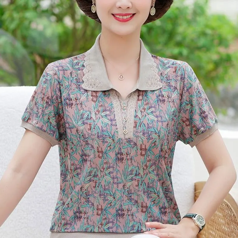 Vintage Broken Flowers Printed Shirt Summer Short Sleeve Fashion Diamonds Commute Female Clothing Lapel Casual Spliced Blouse