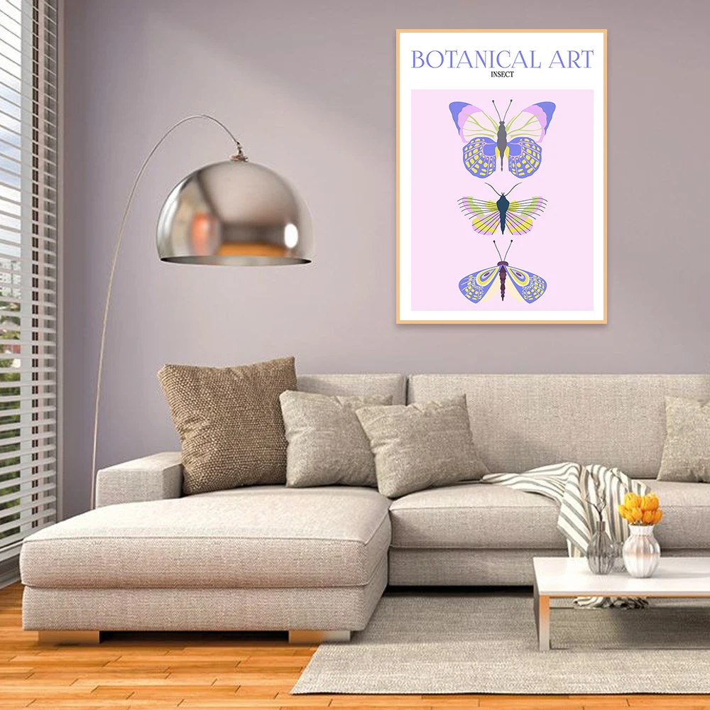 

1PC Purple Pink Butterfly Botanical Art Posters Canvas Painting Multicolor Insect Wall Art Print for Home Living Room Decor