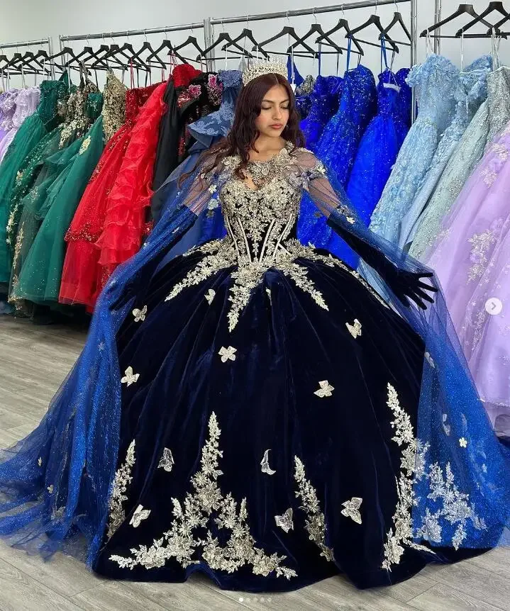 Navy Blue Velvet 2024 Quinceanera Dresses With Cape Charro Mexican Floral Applique Corset Prom Sweet 15 Vestidos Quinceañera