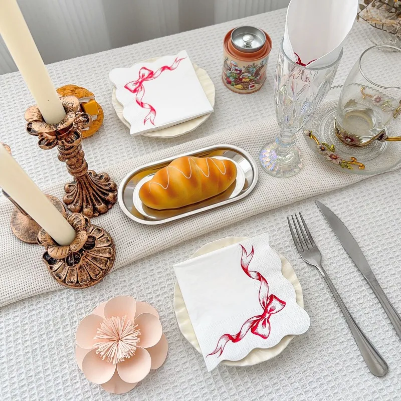 20pcs 25cm 3-Ply  2Layer Red Gold Stamped Bow White Bottom Napkins Wave Edge Party Disposable Table Mat DIY Decoupage Paper