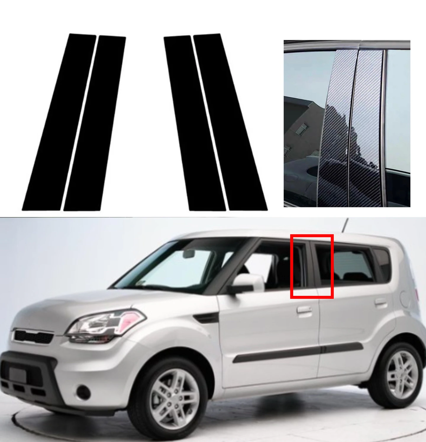 

4PCS Silvery Carbon Glossy Black Window Sticker Pillar Posts Fit For Kia Soul 2010 2011 2012 2013 Trim Door Cover Decal Car