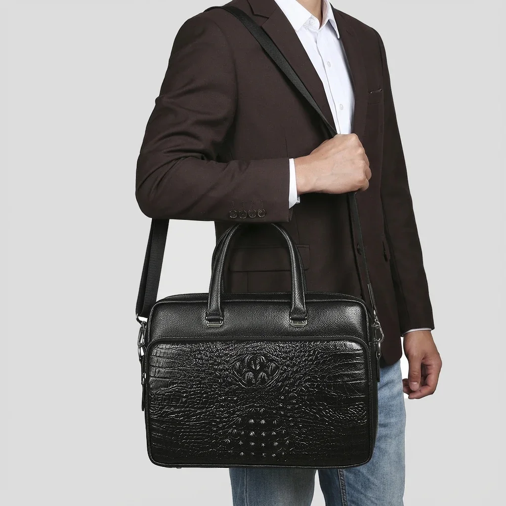 

Genuine Leather Crocodile Pattern Briefcase For Men Top Grain Cowhide 14 inch Laptop Bag Business Commuting Shoulder Bag Handbag