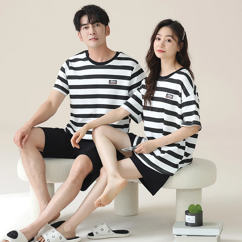 Summer Hot Couple Lovers Pijamas Set Cotton Cartoon Print Homewear Men\'s Pajama Tops with Shorts Casual Pyjama Pjs