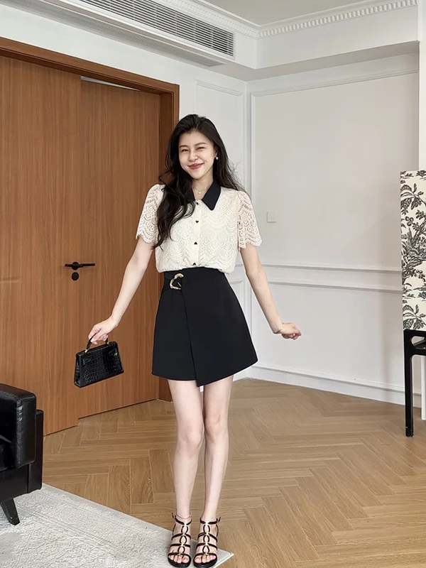 

Zhang a Xing Daily Preference ort Sve Lace Top High Waist Skirt Pants Set Women's Faion Summer Outfit French Sle