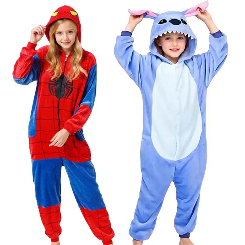 

Flannel Anime Stitch Pajamas Cosplay for Boys Girls Spiderman Halloween Costume Autumn Winter Sleepwear Birthday Homewear