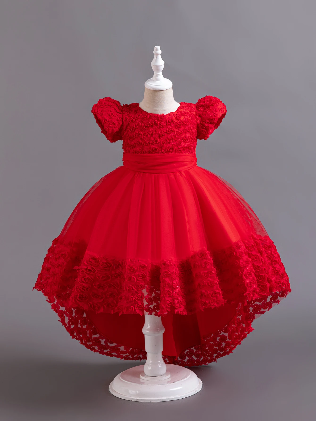 Red European style flower girl wedding dress for 3 to 12 Year Kids Tail Birthday Party Dress Short sleeved child ball dress