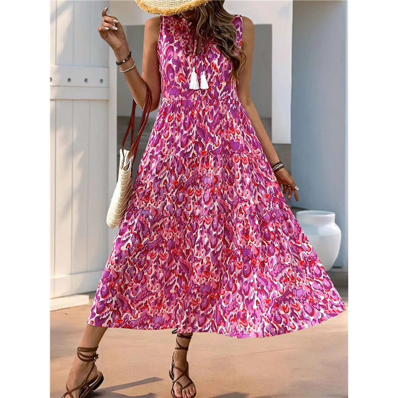ASDS-Women's Maxi Dress Summer Sleeveless Bohemian Floral V Neck Tie Front Fringe Flowy Long Dress Vacation Beach Sundress