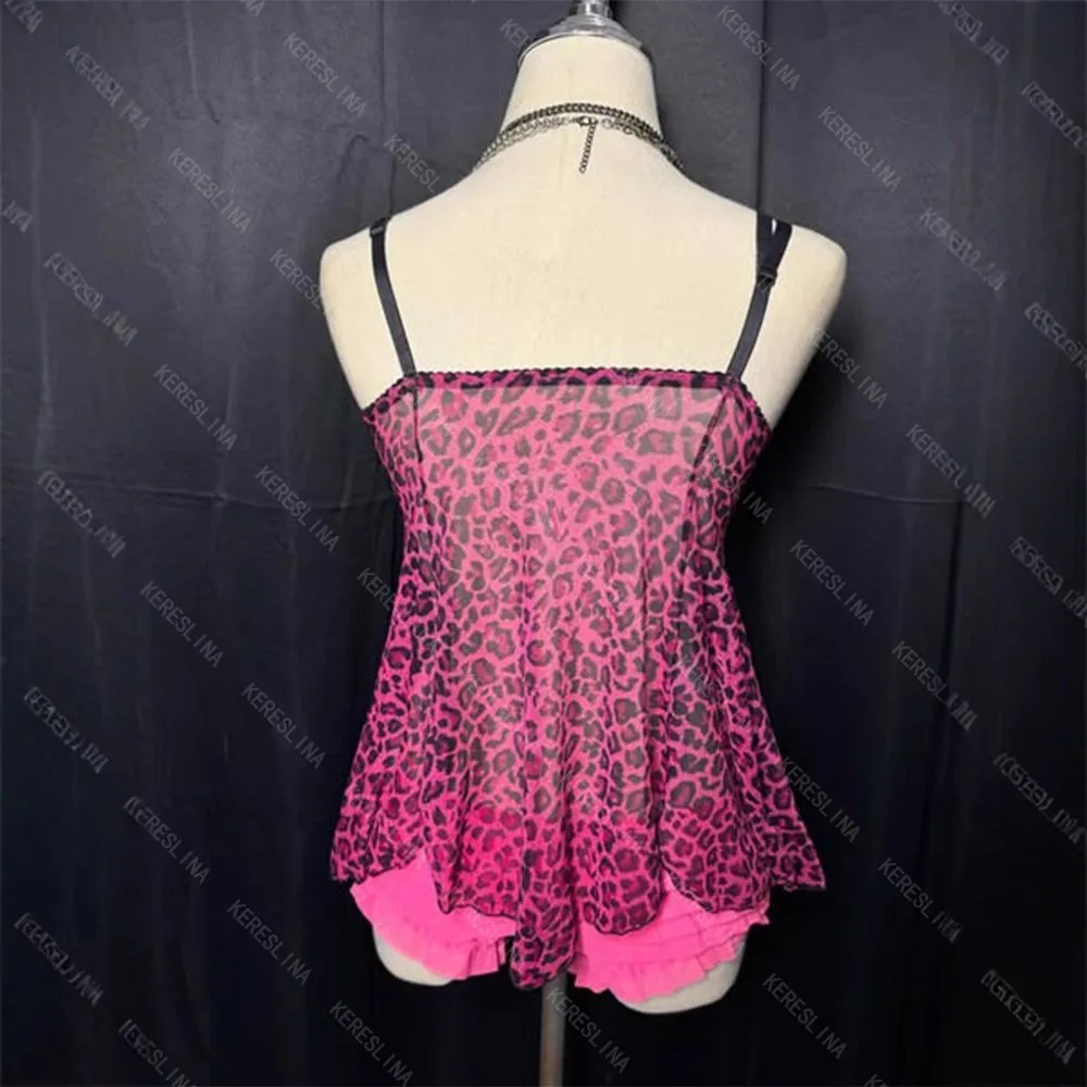 Y2K ゴス スパイスガールズ セクシー ピュア デザイア ベスト レオパード柄 新作 スリングタンク 不規則レース パッチワーク スリム トレンド ホットTシャツ
