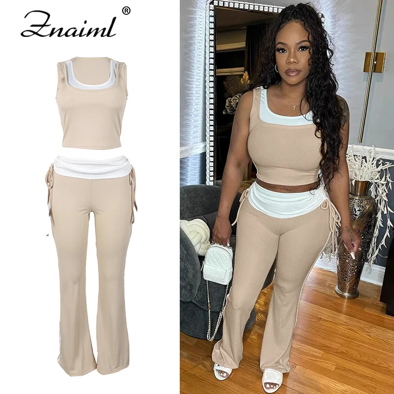 

Znaiml повседневные топы без рукавов и брюки-клеш, спортивный костюм для бега, новинка 2025, модный спортивный комплект из 2 предметов, женские летние наряды