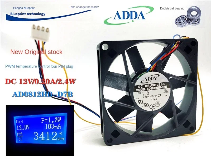 

AD0812HB-D7B New Adda Double Ball 12V Temperature Control PWM Four-Wire 8015 Power Supply Cases Cooling Fan