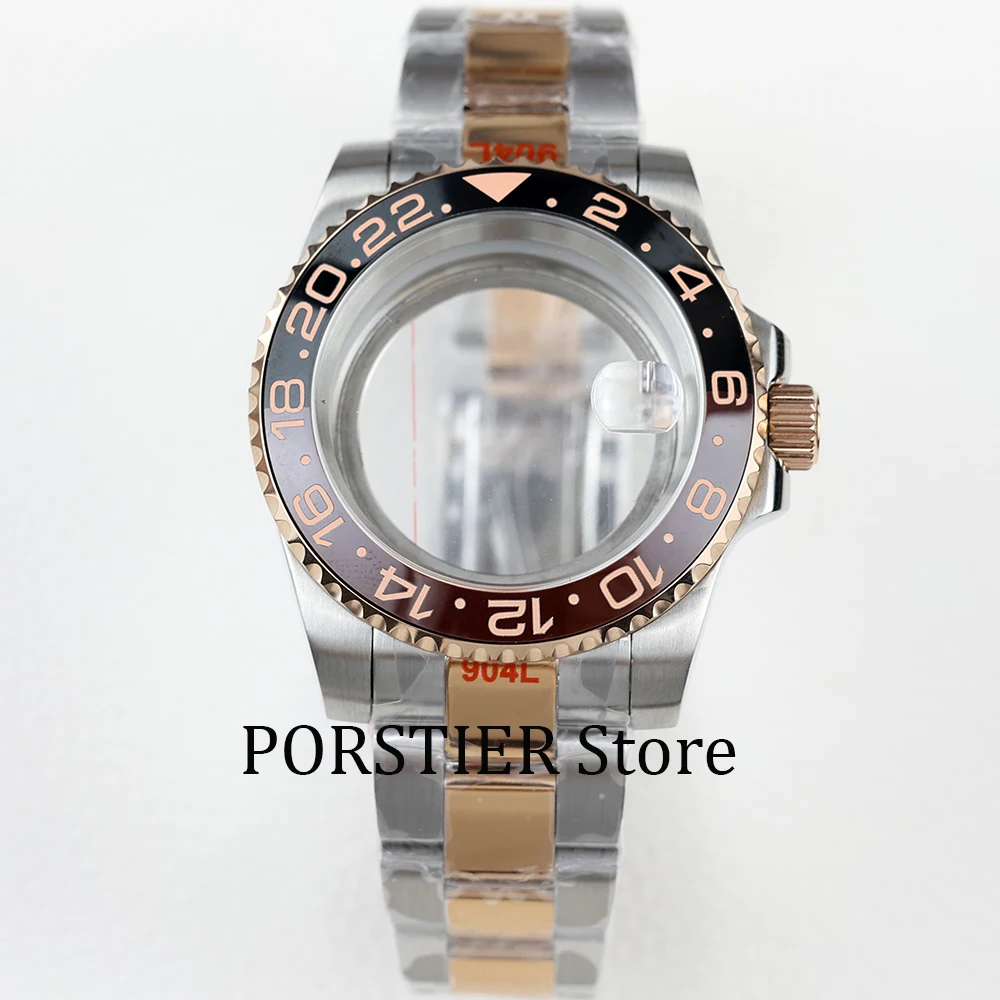 Boîtier de montre en acier inoxydable, or rose, verre saphir, compatible avec le mouvement NH35, NH36, bracelet Oyster polonais, cadran sous GMT, 40mm, 28.5mm