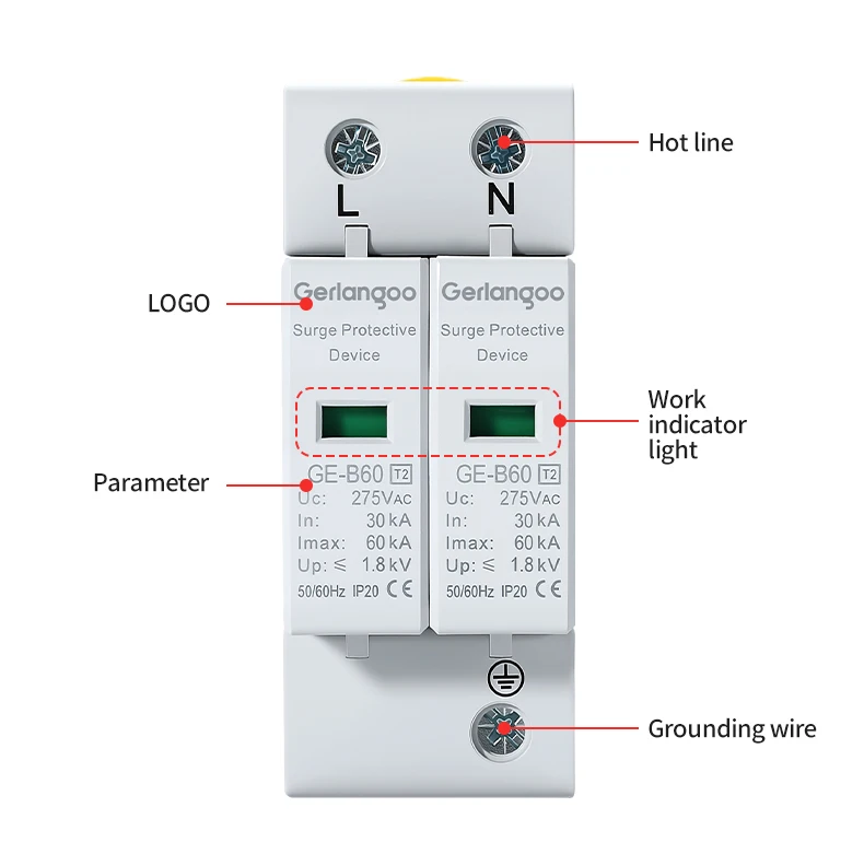 2P 4P AC SPD 20KA 30KA 80KA 100KA ﻿ Haus-Blitzschutzgerät Niederspannungs-Ableiter 40KA 60KA 275V 385V – Detail 8