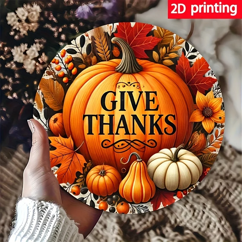 2D flach, 1 Stück Vintage Thanksgiving Aluminium Metallschild – 8" Durchmesser, 2D Flat Printing, Herbstkürbis- und Herbstblätter-Design mit