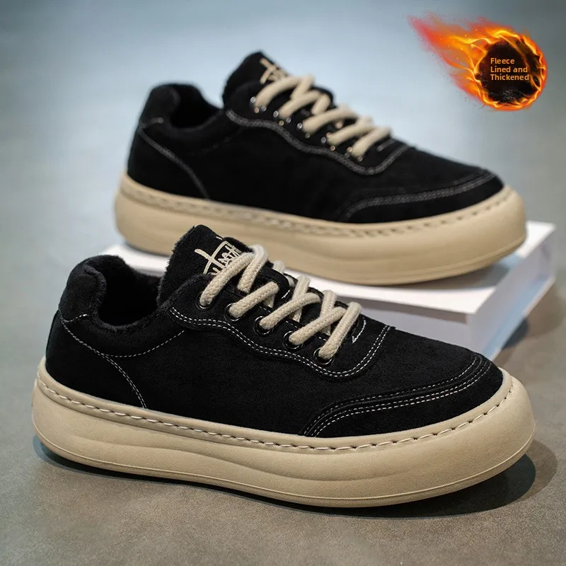 

Men's Winter Thickened Fleece Lined Casual Work Shoes Trendy Sports Black Leather Sneakers round Toe mid Heel Rubber Outsole