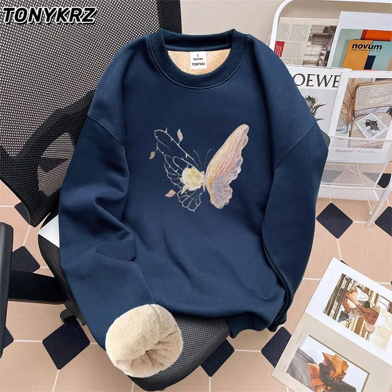 Design Butterfly Print American Retro Round Neck Sweatshirt for Women with Lamb Wool and Velvet Top