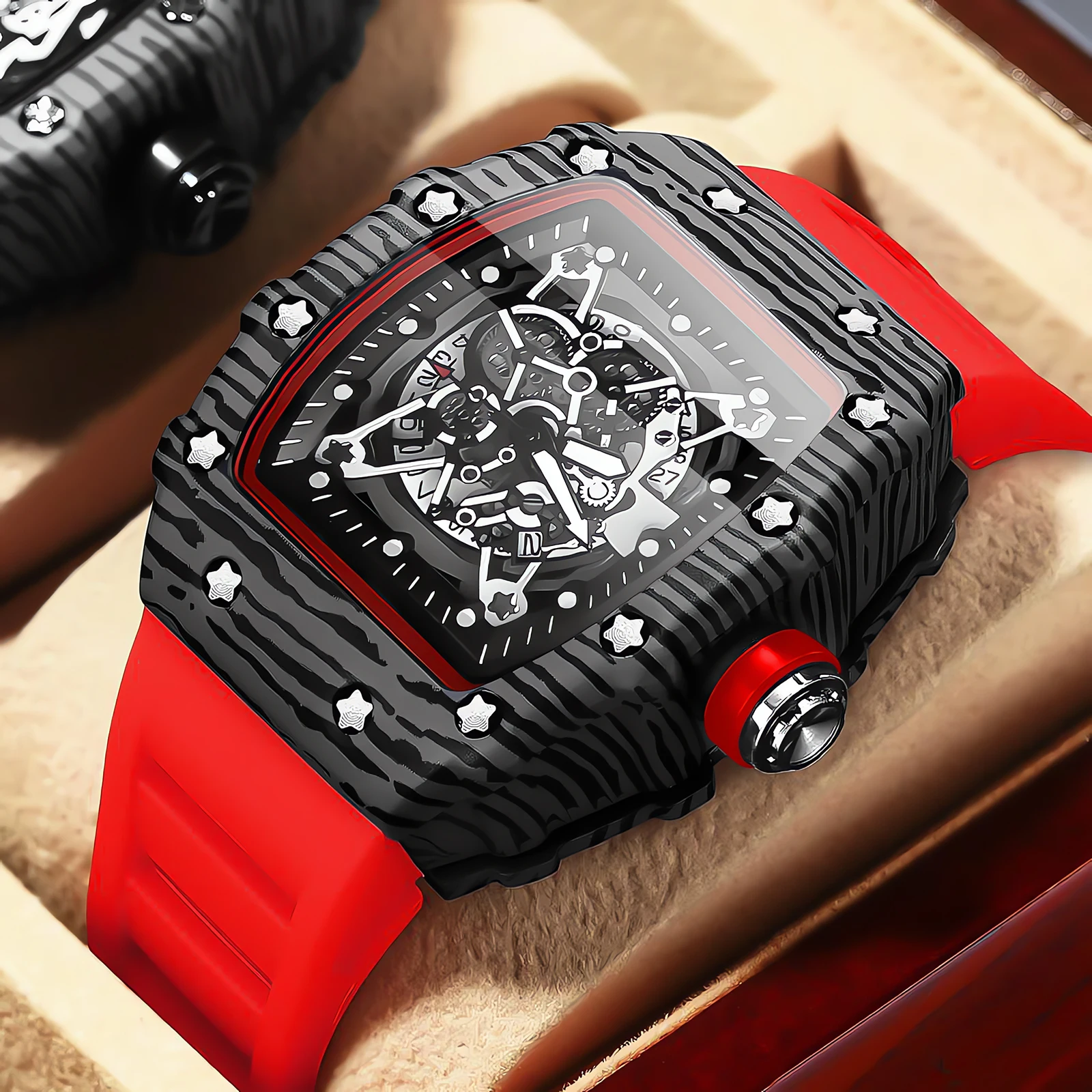 

Новые мужские спортивные модные кварцевые часы, изысканный дизайн с элементами шестеренок, модные и стильные, светящийся дисплей, часы бочкообразной формы, силиконовый ремешок, пластиковый корпус, электронный кварцевый механизм, подходят для мужчин, идеал