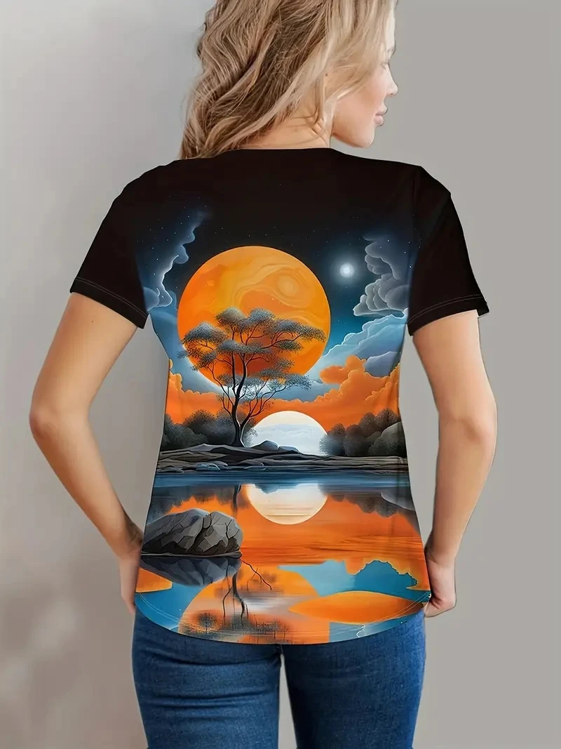 Camiseta feminina plus size com estampa de sol 3D de manga curta, solta e casual, macia, confortável e respirável, adequada para esportes ao ar livre