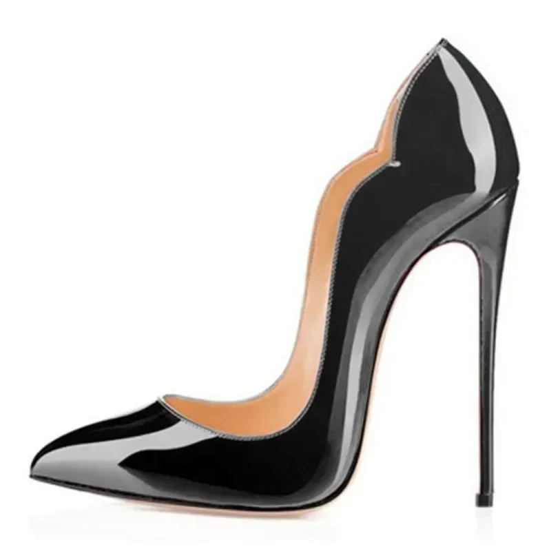 Pink Curl Upper Women Patent Pointed Toe Stiletto 11.5cm High Heels Sexy Ladies Party Dress Shoes Club Dance Pumps Plus Size