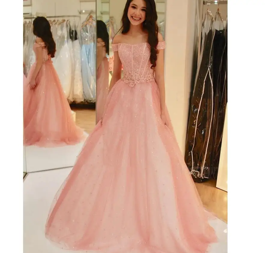 Coral Candy Prom Dresses 2022 Sweet Shinny Formal Prom Party Gowns Off The Shoulder Zip Back Tulle 16 17 Graduation