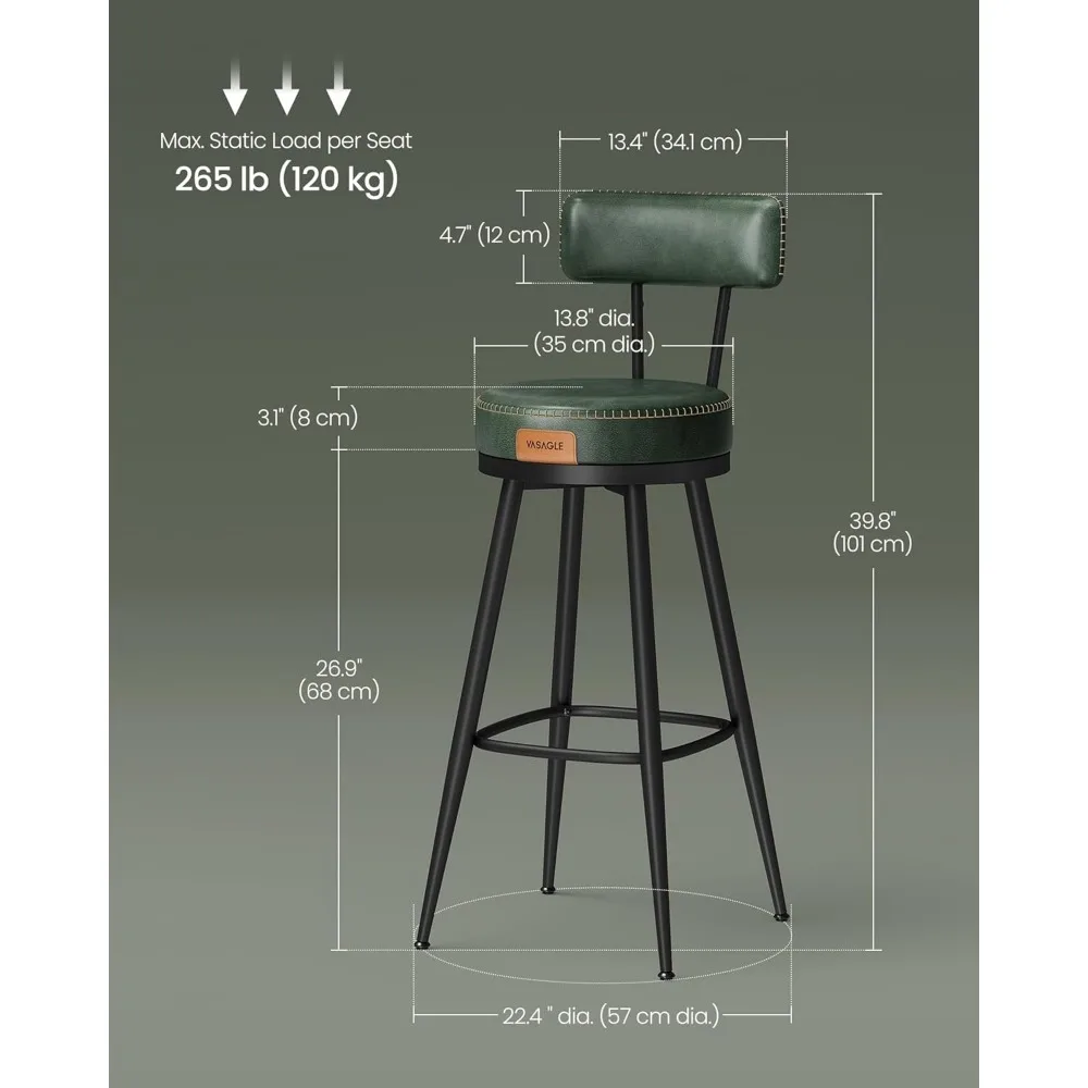 360° Swivel Bar Stools Set of 2, Bar Height Bar Stools with Back, Synthetic Leather Stitching, Mid-Century Modern, 30-Inch Tall