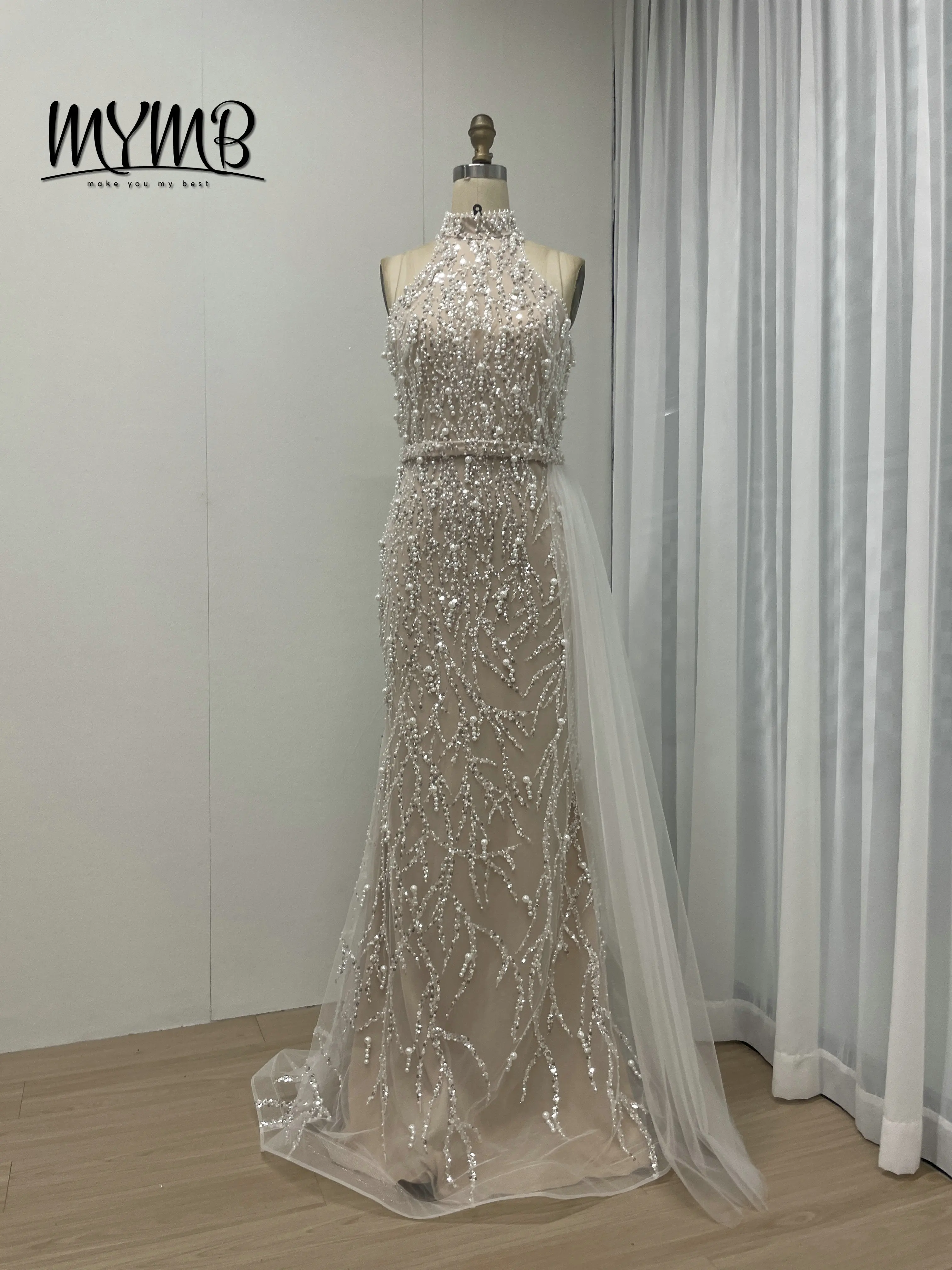 MYMB Sexy Halter Neck Sleeveless Beaded Evening Couture Dresses for Wedding Party Arabic Mermaid Formal Gown With Gloves MY30107