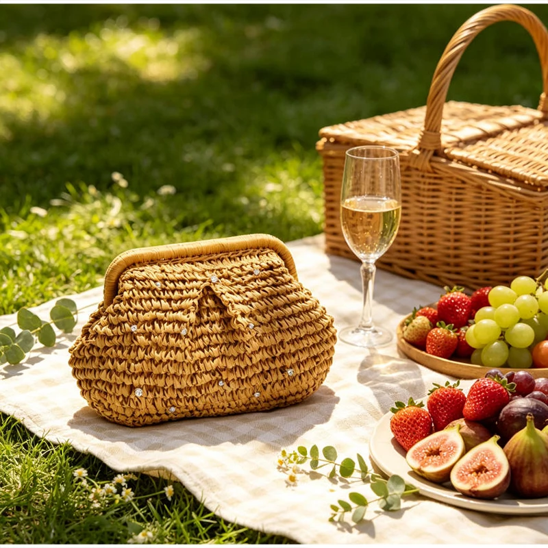 Strohgewebte Ketten-Umhängetasche, Damen-Clutch mit Strass-Verzierung und Verschlussrahmen, Leichte Sommer-Strandtasche für den Abend – Detail 12