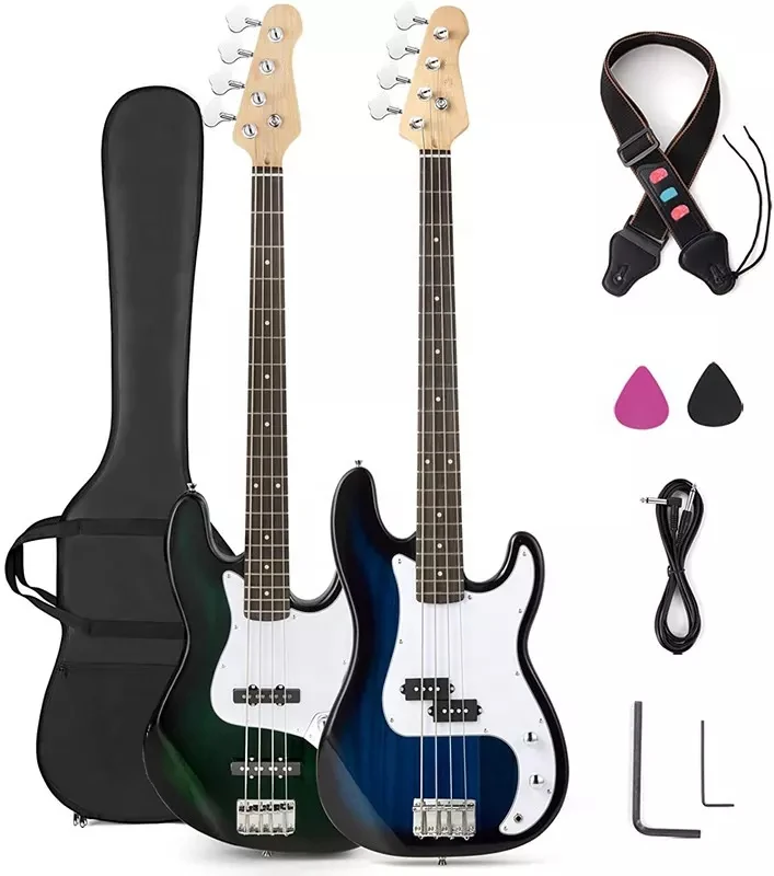 

HUASHENG Full Size 46 Inch High Gloss Electric Bass Guitar 4 Strings OEM ODM Bass Guitar With Gig Bag Kit