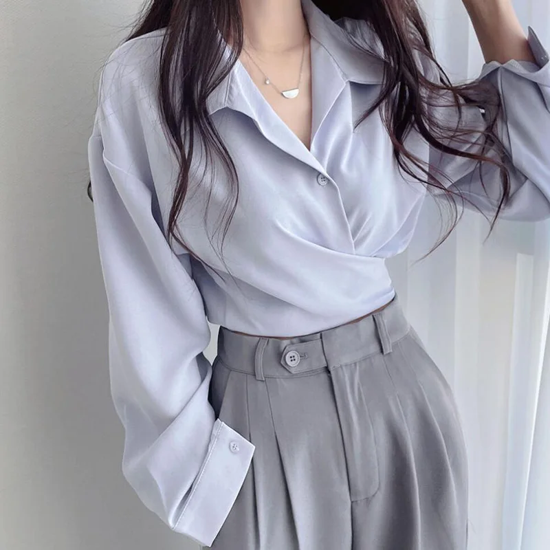 Sexy Crop Tops Fashion Blouse Long Sleeve Shirt New Office Lady Blouses Korean Style Slim Top Summer Short Tops Women Clothes