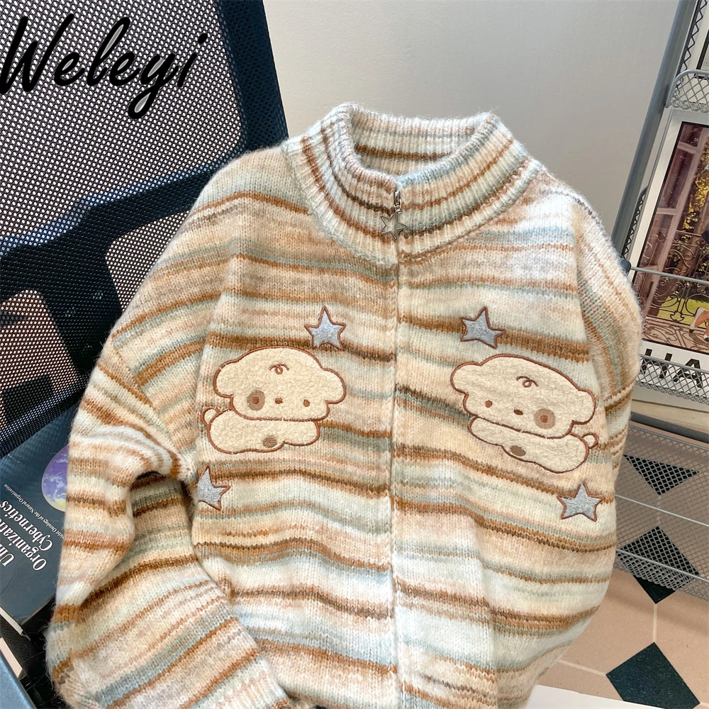 

Winter Warm Thickened Turtleneck Striped Puppy Sweater Coat Female Milk Japanese-Style Retro Soft Glutinous Knitted Cardigans