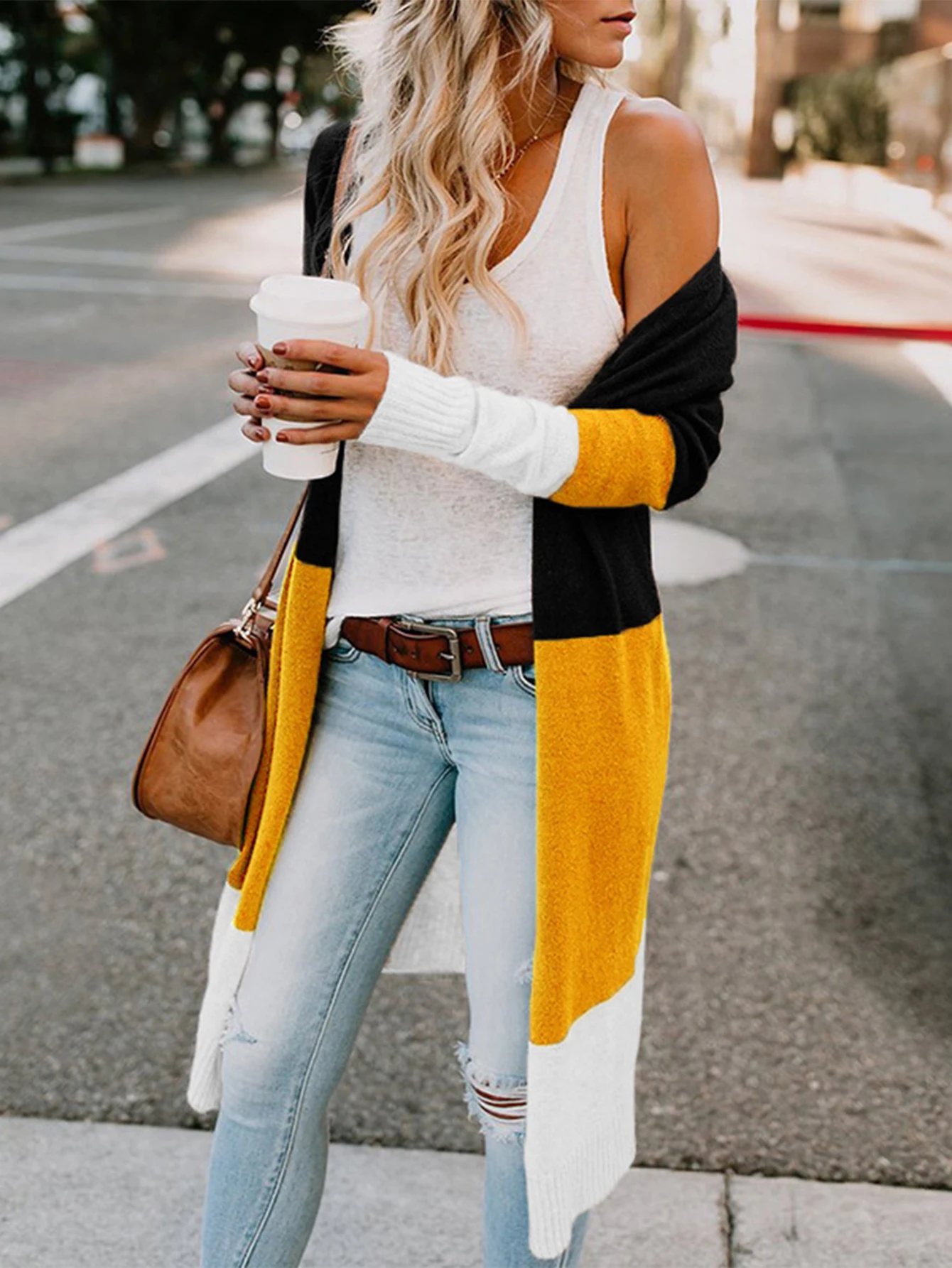 

Женский лоскутный кардиган с открытой передней частью и длинными рукавами, стандартный крой, осень-зима, повседневный базовый стиль