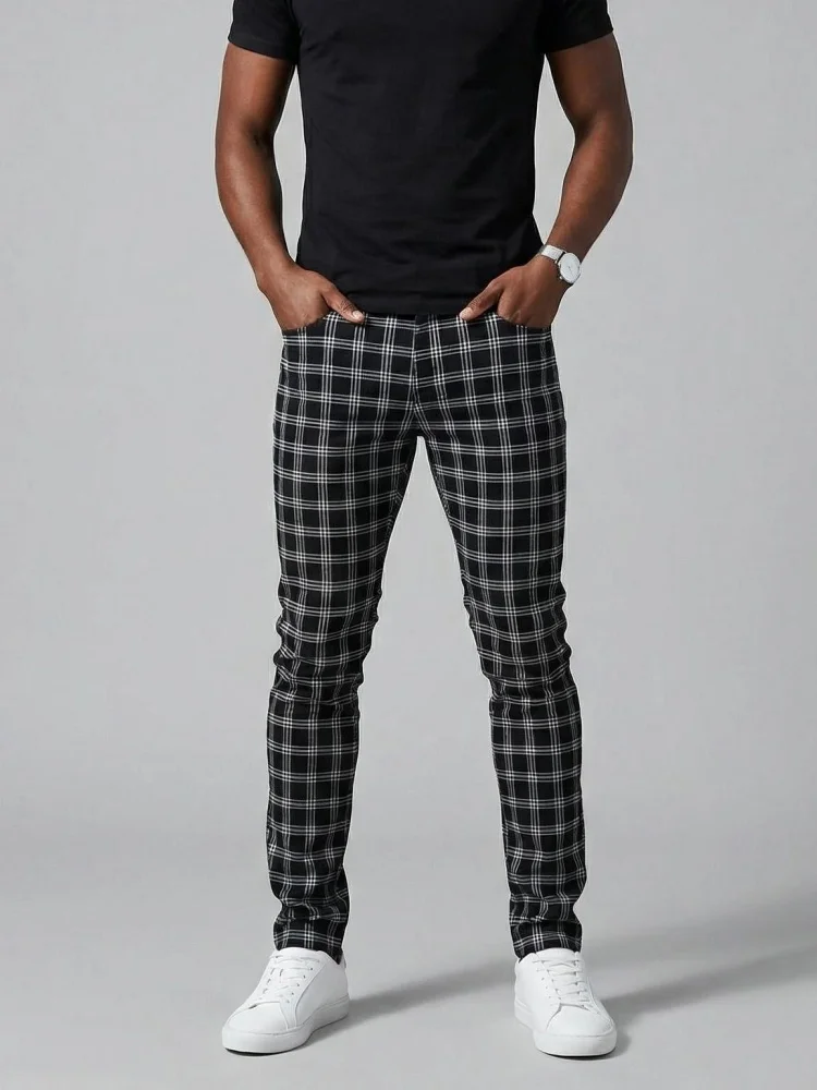 

2026 Ropa Y2K New Fashion Black Plaid Slim Jeans Pants For Men Clothing Casual Male Luxury Cotton Long Trousers Pantalon Hombre