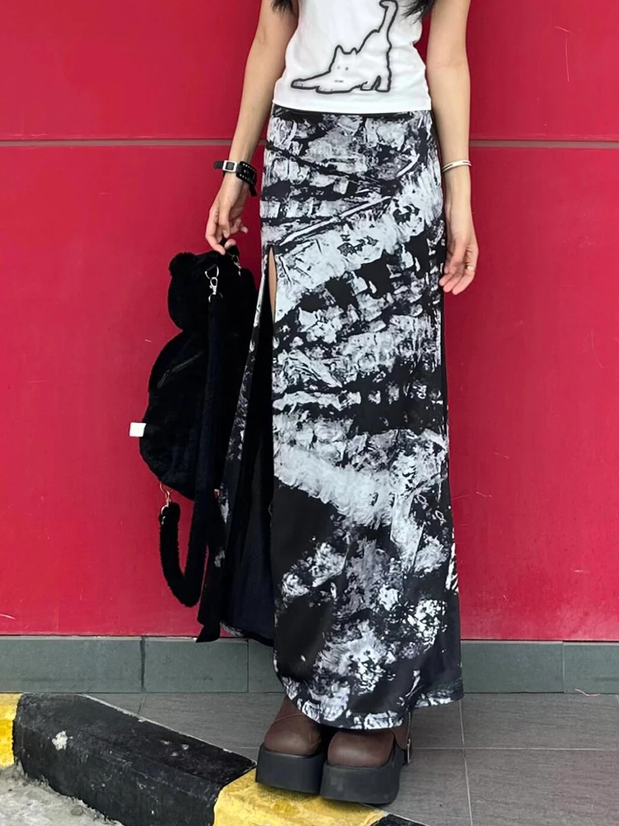 RORORIRI Gothic Black Tie Dye Long Skirt Women Low Waist Split Aesthetic Printing A-line Maxi Skirt Steampunk Vintage Clothing