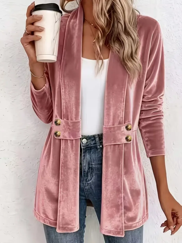 Women Velvet Open Front Cardigan Autumn Fashion New Long Sleeve Button Decor Casual Solid Outerwear Ladies Soft Jacket Coat