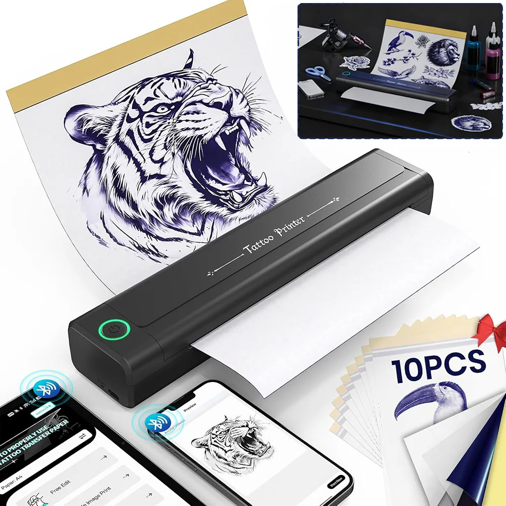 

New Wireless Tattoo Stencil Printer with 10pcs Transfer Paper Tattoo Transfer Machine Compatible Phone&PC Portable Tattoo Copier