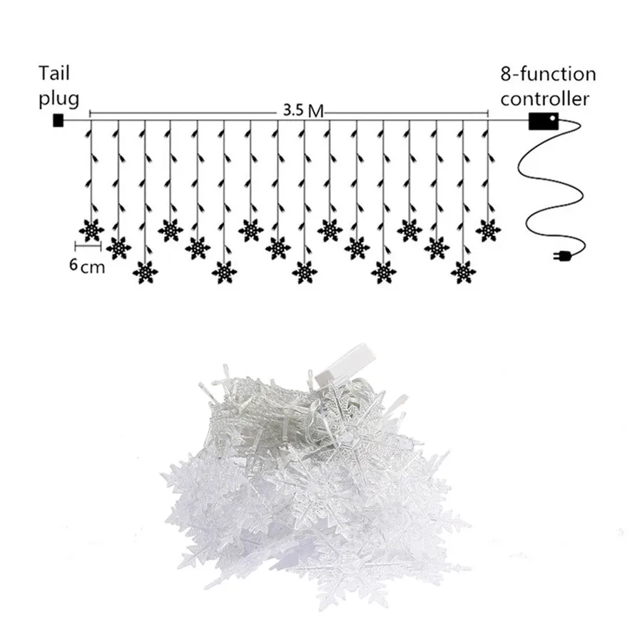 Luci natalizie a LED per tende con fiocchi di neve, impermeabili, 8 modalità, lucine lampeggianti per decorazioni per ghirlande natalizie per feste, matrimoni