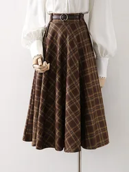 Women's Vintage Spring Autumn A Line Plaid Long Skirt Lady High Waist Umbrella Skirt