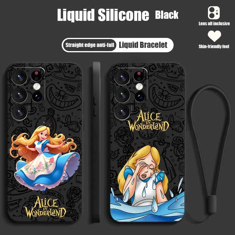 Capa Alice no País das Maravilhas para Samsung S26 S25 Edge S24 S23 S22 S21 S20 Ultra Plus Lite, Capa de Silicone Líquido com Cordão Esquerdo