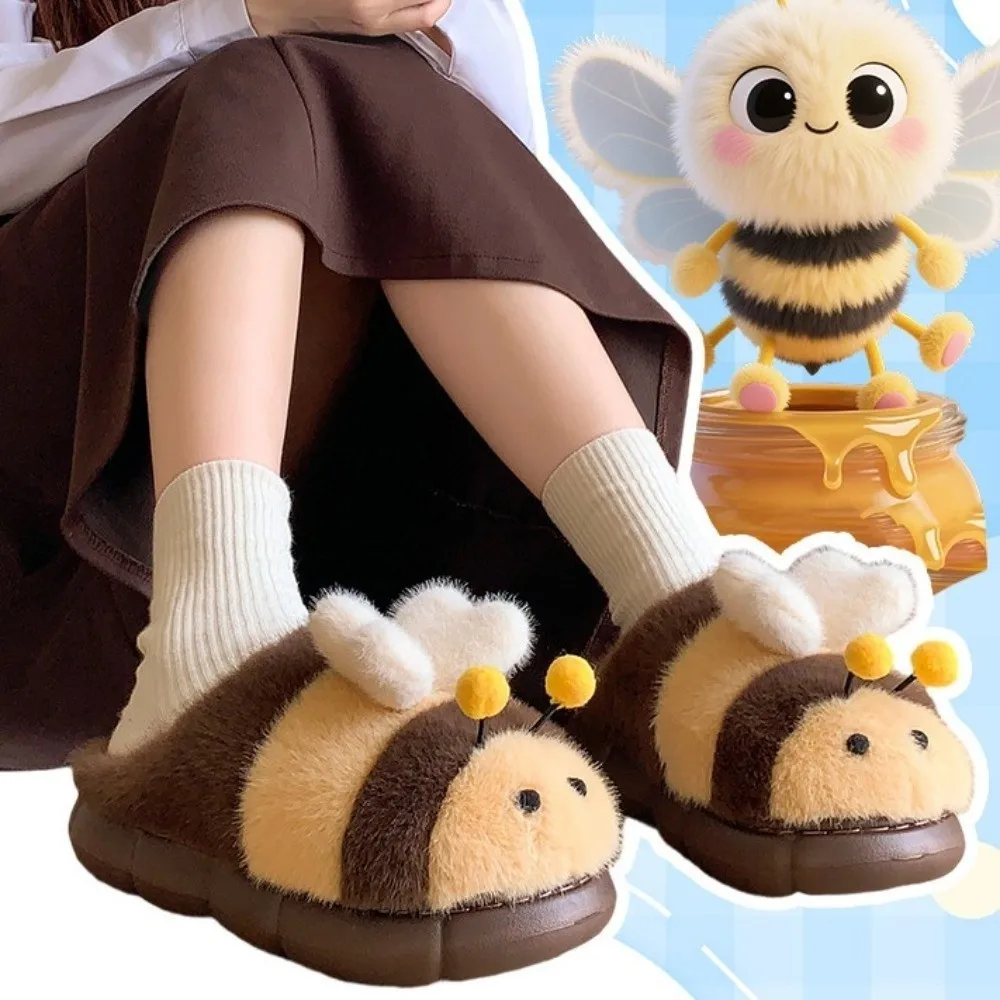 Kawaii 3D Little Bee Cartoon Bee Plush Slippers Cartoon Thick Soled Warm Fur Slippers Student Fluffy Y2K Bee Slippers Women
