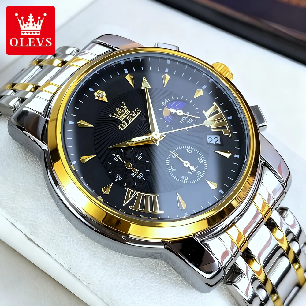 

OLEVS модные мужские часы спортивные деловые изысканные стальные оригинальные кварцевые наручные часы водостойкие светящиеся фазы Луны дата хронограф