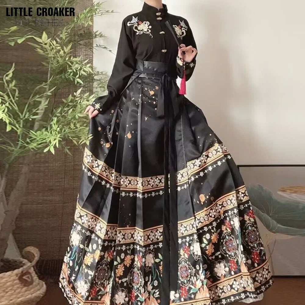 

Chinese Fashion Hanfu Horse Face Skirt + Shirt Sets Plus Size XL Women Chinese Traditional Vintage Hanfu Modern Chinese Clothing
